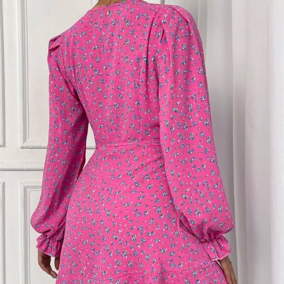 Ditsy mini Floral Flounce Long Sleeve Knot Sided Mini Dress Pink - Picture 6 of 8